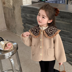 Orenjidamom 女童花朵荷葉邊領羊羔毛外套