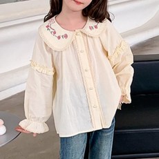 EYOUMONG 寬鬆版型圓領花朵刺繡長袖襯衫 E6S252