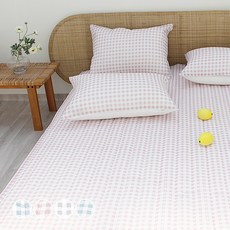 CHOUETTROOM 迷你格紋竹節棉泡泡紗鬆緊帶式絎縫薄床墊, 粉色