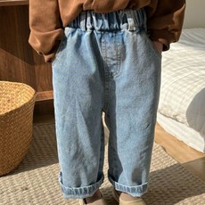 EYOUMONG 兒童直筒牛仔鬆緊帶反摺寬版長褲 E6S308