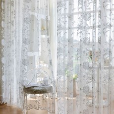 G&Y 花朵刺繡蕾絲薄網紗窗簾 穿桿式 2入, 白色