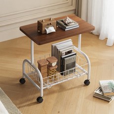 사이드 보조가구 수납가능 트롤리 티테이블 SH173, 브라운 + 화이트, 2단