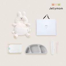 jellymom 新生兒禮盒 護頭防摔背帶枕+矽膠托盤+輔食湯匙+包巾組, 兔霜(保護套)、灰色(盤)、淡粉紅色(湯匙), 1組