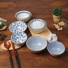 O'chairs 藍色圖案陶瓷碗 4款 8入組合, 混色, 飯碗 4入+大碗 4入