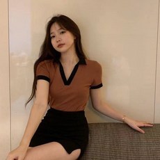 피어니스트 여성용 슬림 브이넥 반팔티