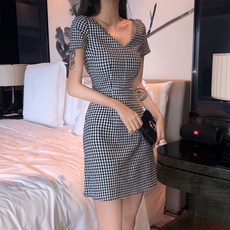 페이퍼먼츠 냉감소재 브이넥 체크 미니 원피스 00471 빅사이즈 포함