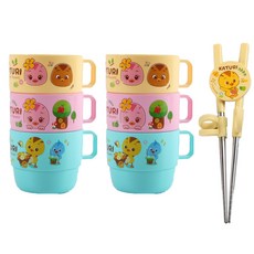 aizoum 萌雞小隊圖案不鏽鋼學習筷+手柄杯組, 混色