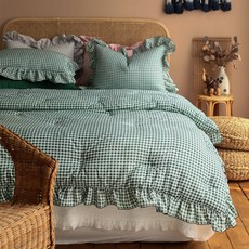 格紋荷葉邊造型奈米纖維四季被, 綠色