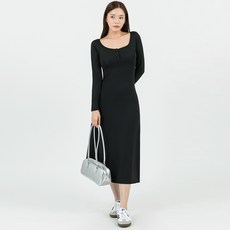 엘쏘 마실룩 여리 헨리넥 면 긴팔 플레어 롱 원피스