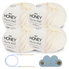 니뜨 허니 메리노 울 뜨개실 50g x 4p + 줄바늘 4.0mm + 케이블홀더 세트, 1개, 01 아이보리