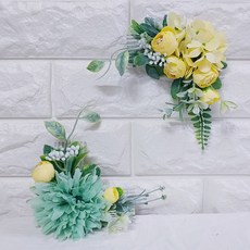薄荷黃色菊花L形局部花環2件組, 混合色