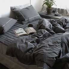 EIGHT ROOM 飯店風簡約線框高密度60支棉酵素水洗薄被, 炭灰色