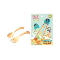 마더스콘 셀프스푼 + 포크 + 라이스투씨유 젓가락 세트, 노랑(스푼, 포크), 블루(젓가락), 1세트