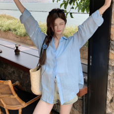 PEONIST 女款長袖透膚寬鬆翻領襯衫