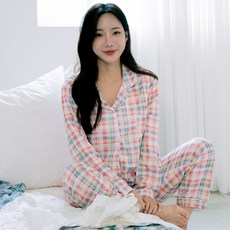 테라우드 여성용 파스텔 체크 긴팔 잠옷 상하의 세트