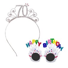 LivingDA 高級水鑽生日數字髮箍 70 + 生日杯子蛋糕眼鏡, 銀色(髮箍), 白色(眼鏡), 1套