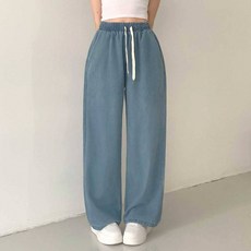 플랜데이 여성용 르비 사계절 와이드 데님 밴딩팬츠