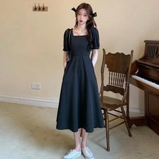 PEONIST 仙女風方領中長連身裙 含大尺碼, 黑色