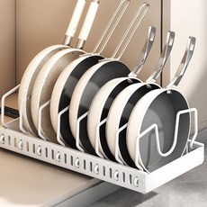 Meo 廚房免鑽孔平底鍋抽拉式收納整理架, 白色, 1個