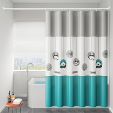 Arthi Home 熊貓雙色浴室浴簾 + 窗簾掛環組, 冰藍色, 1套