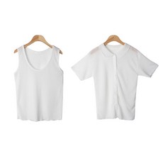 플랜데이 여성용 냉감 통기성 쉐이크 린넨 나시 + 카라 반팔 가디건 세트