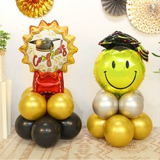 畢業氣球柱 畢業微笑黑色學士帽 + 畢業獎牌 DIY 套組, 金色(30cm氣球) + 藍色(30cm氣球) + 銀色(30cm氣球), 1套