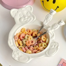 라포유 곰 디자인 디저트 샐러드 도자기 그릇, 화이트, 1개