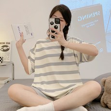 세컨핑크 여성용 라떼는 단가라 반팔 반바지 잠옷 세트