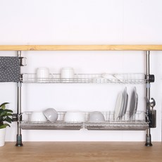 LIVING HAPPY 雙層碗盤架+12條鐵條捲式隔板, 碗盤架(銀色)+隔板(灰色)