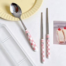 可愛插圖湯匙+筷子+收納盒組, 勺子+筷子+箱子, 1組, 粉色格子