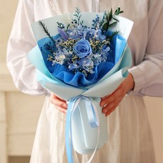 센트바스켓 생화 프리저브드 꽃다발 M + 쇼핑백 + 카드 세트, 아이스블루