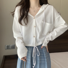 PEONIST 短版落肩鈕扣連帽長袖T恤