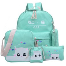 KIZTREE 女童貓咪圖案雙肩包+斜背包+鉛筆盒+束口袋+收納小包