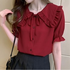 Alode 女款清教徒領荷葉邊短袖襯衫
