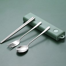 Dometopia DOTO 食道樂攜帶式湯匙筷子+叉子組, 1套, 綠色不鏽鋼, 湯匙 + 筷子 + 叉子 + 收納盒