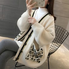에스텔라 임산부 스트라이프 레오파드 포인트 니트 가디건