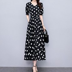 Queenis 女款無領圓點印花長版連身裙, 黑色