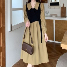 Elsso 柔軟兩件式層次感赫本風長版連身裙 含大尺碼, 深米色