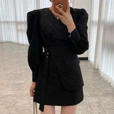TANIZ 腰部綁帶泡泡長袖迷你連衣裙, 黑色