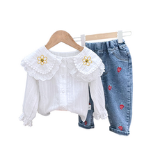 Miso Papa 女童微笑花朵刺繡上下套裝