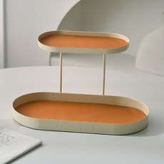 Homeflow 北歐風極簡鐵製雙層橢圓形收納託盤, 白色 + 橘色墊