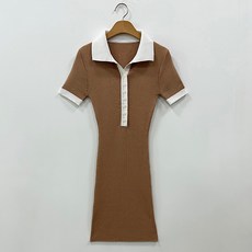 뜨개진 여성용 비스코스 쫀쫀 골지 배색 카라 반팔 리즈히 원피스