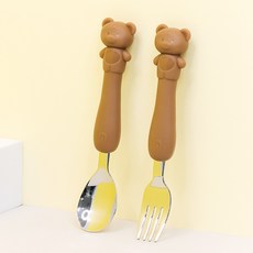 LiLFANT 兒童柔軟矽膠握柄不鏽鋼副食品湯匙叉子, 1套, 棕色小熊