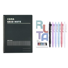 TUCO.B Lutapen 6款 0.5mm + KOMA 網格筆記本 A5 套組, 混合色(筆), 黑色(筆記本), 1套