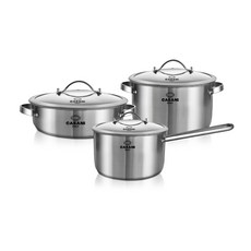 CASANI 電磁爐適用Cicina系列不鏽鋼鍋具 3入組, 單柄湯鍋18cm(附玻璃鍋蓋)+雙耳湯鍋20cm(附玻璃鍋蓋)+雙耳淺湯鍋26cm(附玻璃鍋蓋), 單色