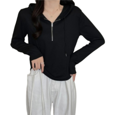 명양피프 여성용 집업넥 후드 긴팔 티셔츠