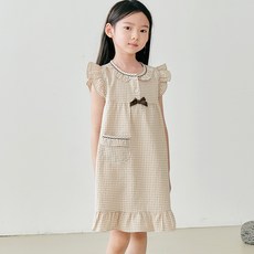 女童小棕格紋短袖連身睡裙