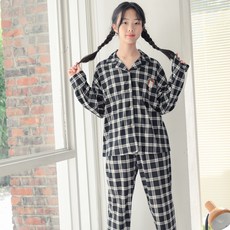 CocoDream 青少年模範學生格紋長袖翻領襯衫睡衣上下套裝