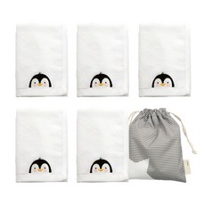SEMOMS Komasa Animal Friends 企鵝刺繡毛巾 5p + 小袋套組, 1套, 乳白色