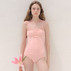 rolarola 女款蕾絲抓皺蝴蝶結細肩帶連身泳衣, 粉紅色